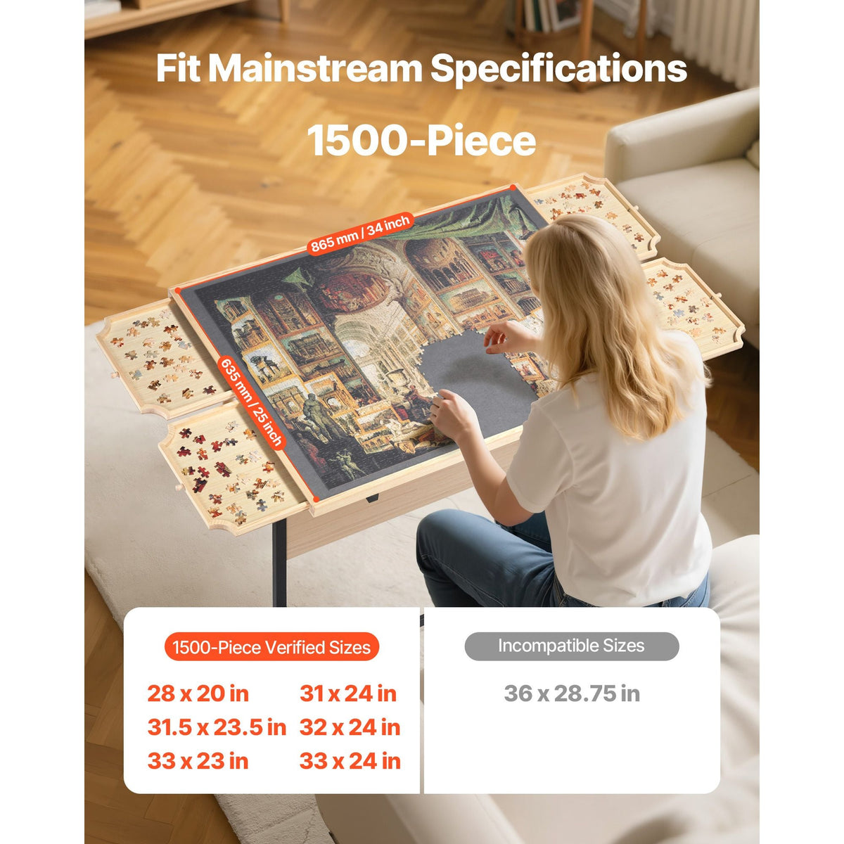 1500 Piece Puzzle Table with Legs, 4 Drawers and Cover, 34x25 in Portable Wooden Board with Wheels, Jigsaw Puzzle Accessories for Adults, Adjustable Height & 5-Tilting-Angle, Gift for Mom