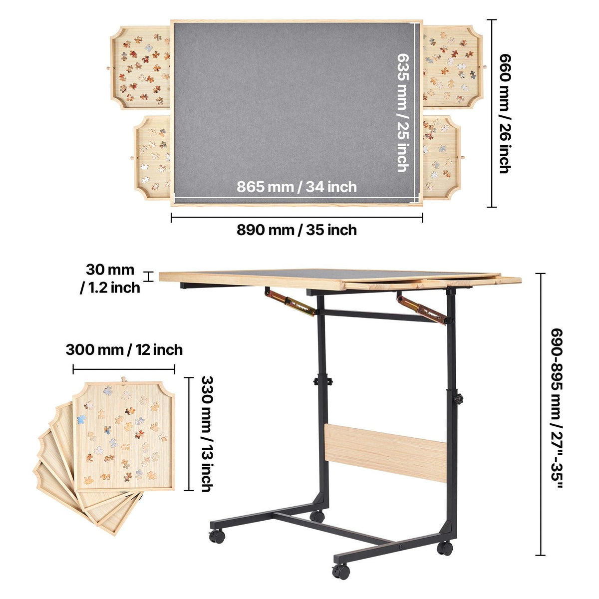 1500 Piece Puzzle Table with Legs, 4 Drawers and Cover, 34x25 in Portable Wooden Board with Wheels, Jigsaw Puzzle Accessories for Adults, Adjustable Height & 5-Tilting-Angle, Gift for Mom