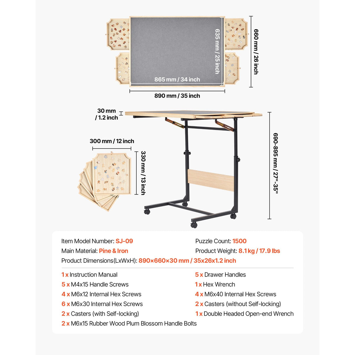 1500 Piece Puzzle Table with Legs, 4 Drawers and Cover, 34x25 in Portable Wooden Board with Wheels, Jigsaw Puzzle Accessories for Adults, Adjustable Height & 5-Tilting-Angle, Gift for Mom
