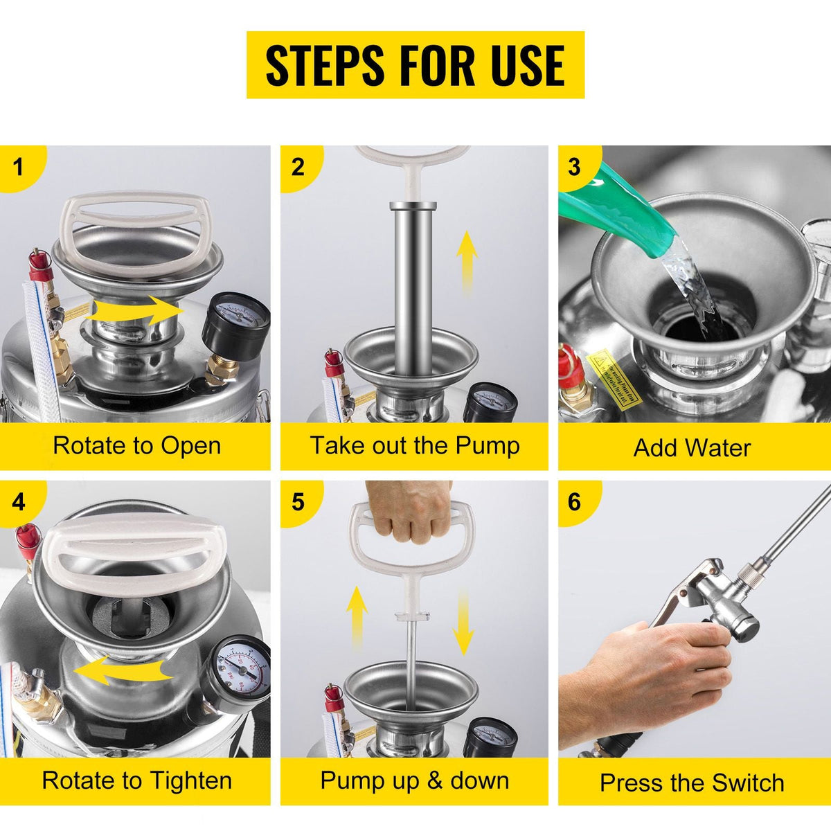 1.5Gal Stainless Steel Sprayer, Set with 16\" Wand& Handle& 3.3FT Reinforced Hose, Hand Pump Sprayer with Pressure Gauge&Safety Valve, Adjustable Nozzle Suitable for Gardening& Sanitizing
