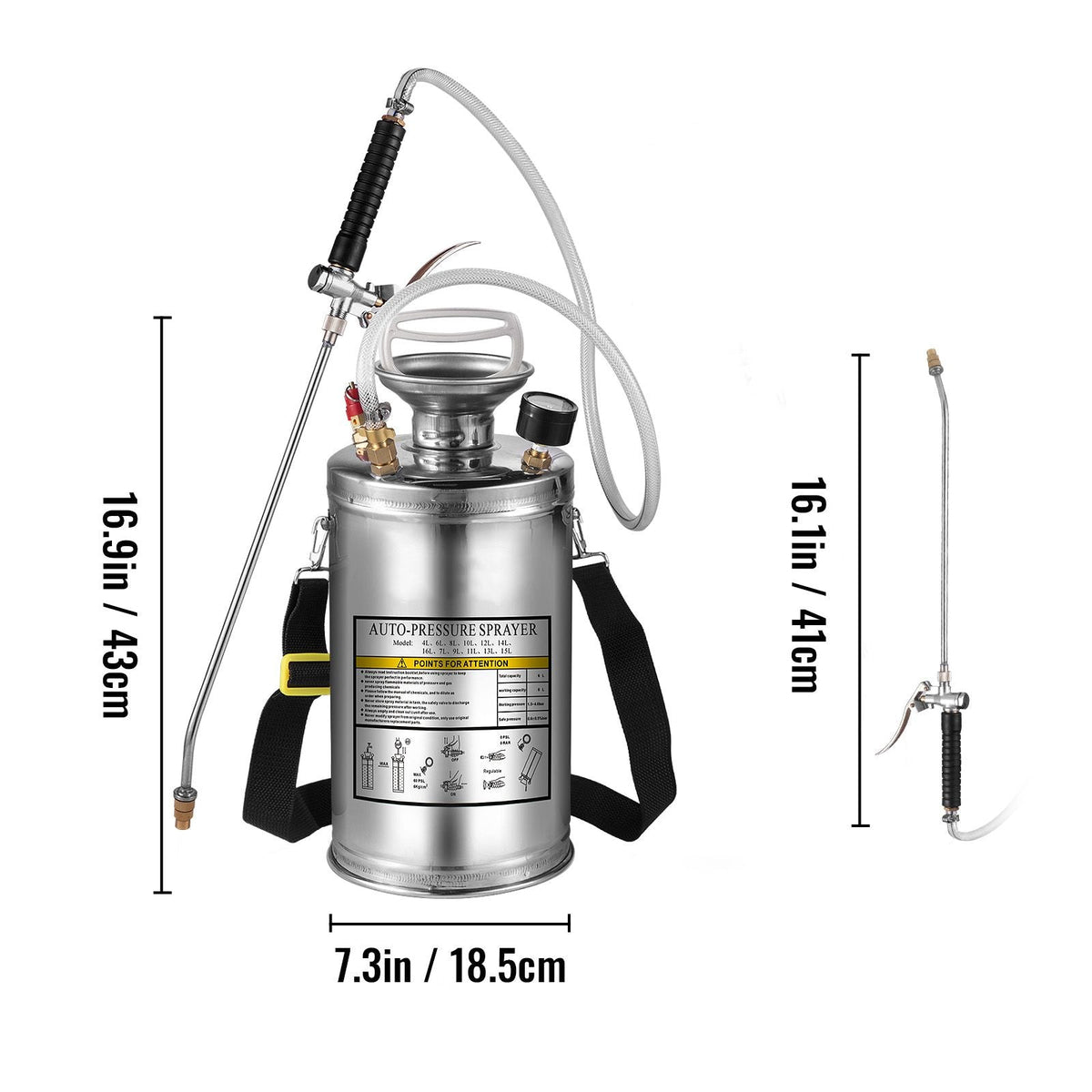 1.5Gal Stainless Steel Sprayer, Set with 16\" Wand& Handle& 3.3FT Reinforced Hose, Hand Pump Sprayer with Pressure Gauge&Safety Valve, Adjustable Nozzle Suitable for Gardening& Sanitizing