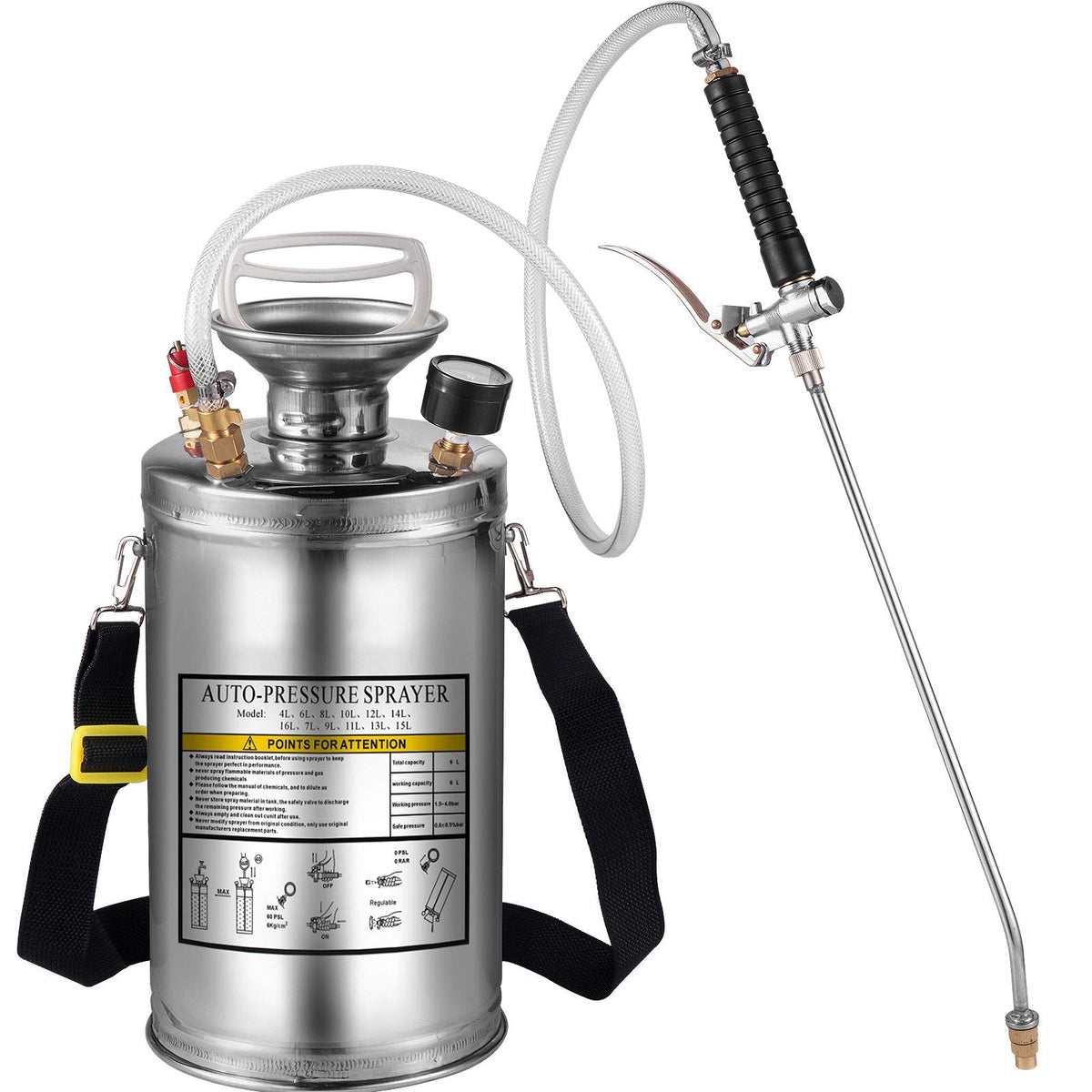 1.5Gal Stainless Steel Sprayer, Set with 16\" Wand& Handle& 3.3FT Reinforced Hose, Hand Pump Sprayer with Pressure Gauge&Safety Valve, Adjustable Nozzle Suitable for Gardening& Sanitizing