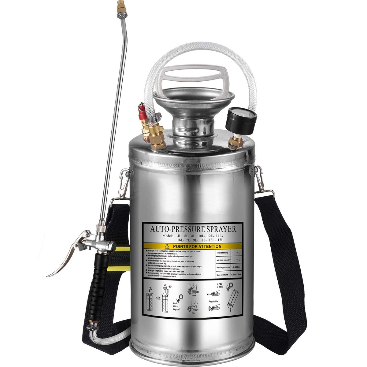 1.5Gal Stainless Steel Sprayer, Set with 16\" Wand& Handle& 3.3FT Reinforced Hose, Hand Pump Sprayer with Pressure Gauge&Safety Valve, Adjustable Nozzle Suitable for Gardening& Sanitizing