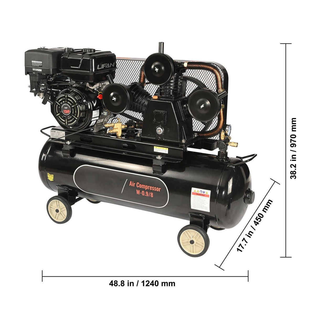 15HP Gas Powered Air Compressor, 30 Gallon Horizontal Air Compressor Tank, 33CFM@115PSI Gas Driven Piston Pump Air Compressed System with 115PSI Max Pressure for Construction Sites Workshop