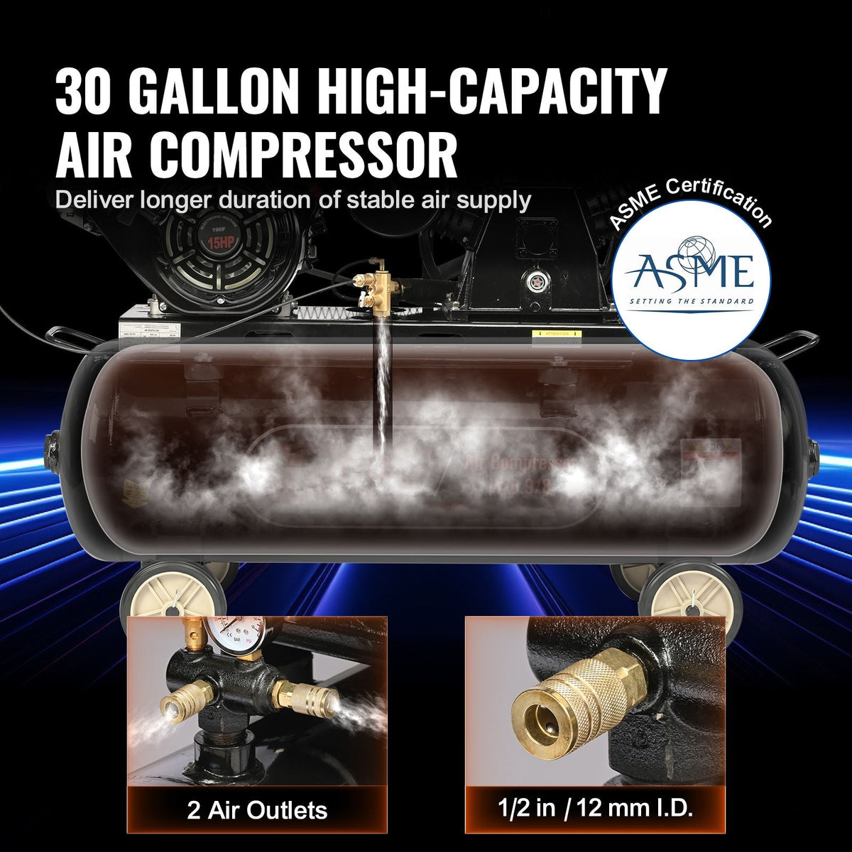 15HP Gas Powered Air Compressor, 30 Gallon Horizontal Air Compressor Tank, 33CFM@115PSI Gas Driven Piston Pump Air Compressed System with 115PSI Max Pressure for Construction Sites Workshop