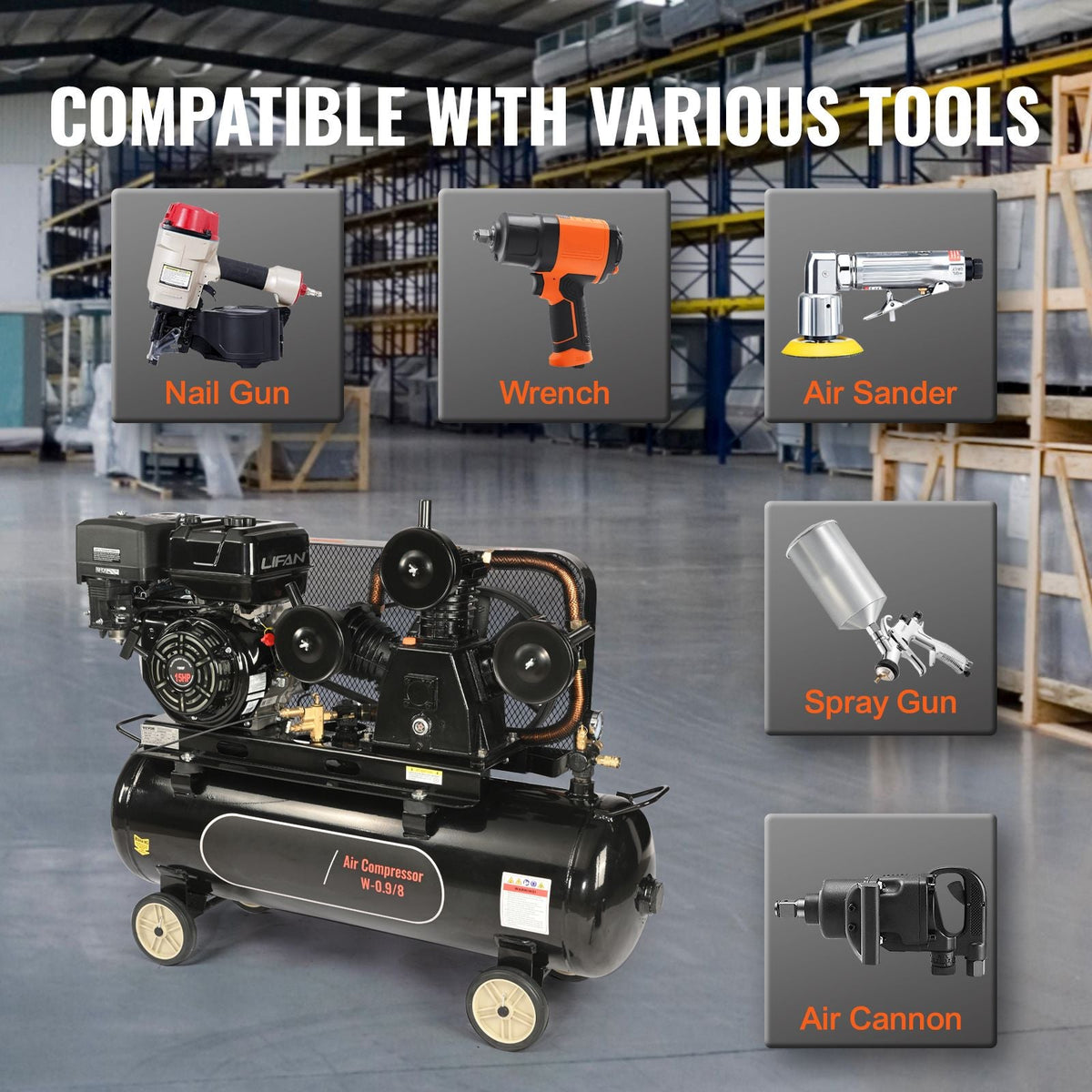 15HP Gas Powered Air Compressor, 30 Gallon Horizontal Air Compressor Tank, 33CFM@115PSI Gas Driven Piston Pump Air Compressed System with 115PSI Max Pressure for Construction Sites Workshop