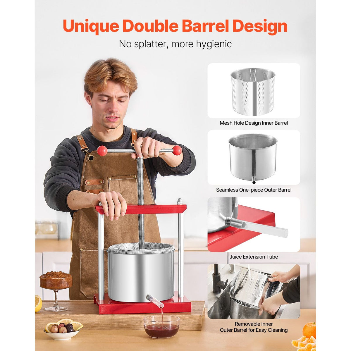 1.6 Gal/6L Fruit Wine Press, 2 Stainless Steel Barrels, Manual Juice Maker, Cider Apple Grape Tincture Honey Olive Oil Making Press with T-Handle for Outdoor Kitchen Home