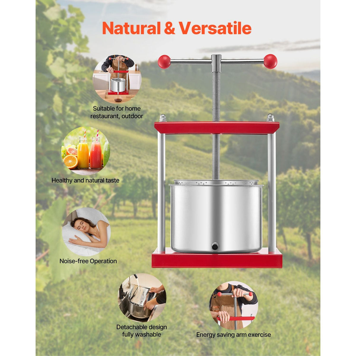 1.6 Gal/6L Fruit Wine Press, 2 Stainless Steel Barrels, Manual Juice Maker, Cider Apple Grape Tincture Honey Olive Oil Making Press with T-Handle for Outdoor Kitchen Home