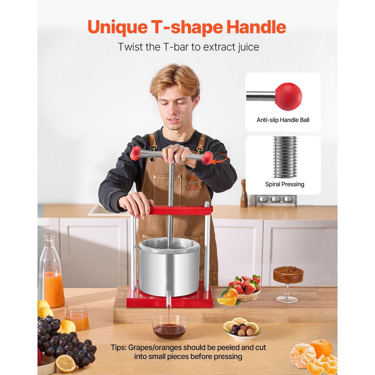 1.6 Gal/6L Fruit Wine Press, 2 Stainless Steel Barrels, Manual Juice Maker, Cider Apple Grape Tincture Honey Olive Oil Making Press with T-Handle for Outdoor Kitchen Home
