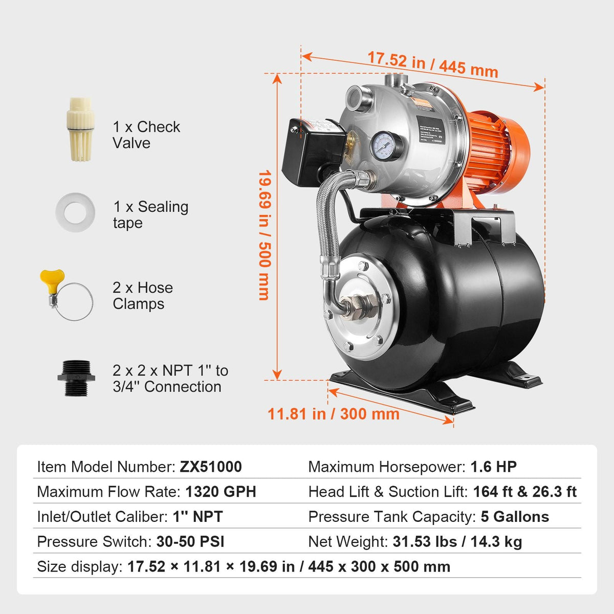1.6 HP Shallow Well Pump with Pressure Tank, 1320 GPH, Automatic Irrigation Water Booster Pump with 30/50 PSI Pressure Switch for Home Garden Lawn, for Drinking Water Security