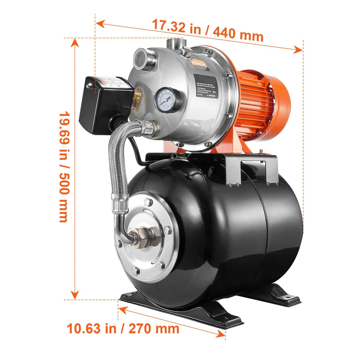 1.6 HP Shallow Well Pump with Pressure Tank, 1320 GPH, Automatic Irrigation Water Booster Pump with 30/50 PSI Pressure Switch for Home Garden Lawn, for Drinking Water Security