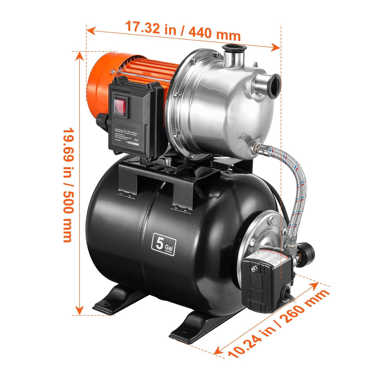 1.6 HP Shallow Well Pump with Pressure Tank, 1320 GPH, Automatic Irrigation Water Booster Pump with 5-Gal Pressure Tank 30/50 PSI Pressure Switch, Stainless Steel Pump Head for Home Garden Lawn