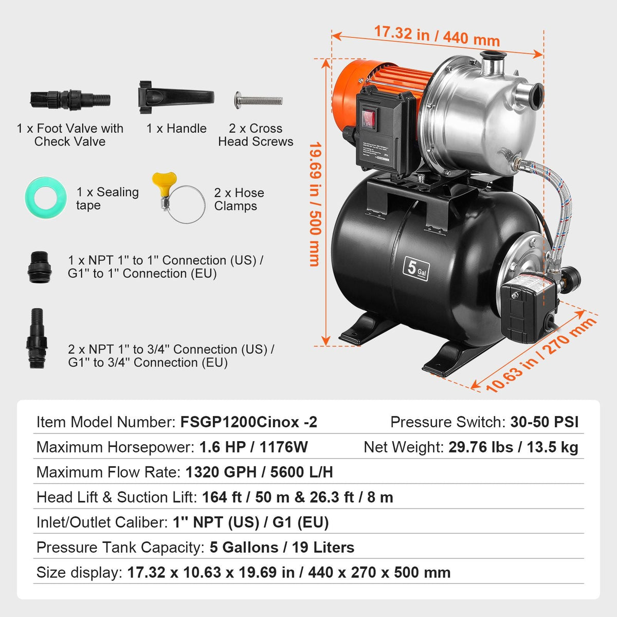 1.6 HP Shallow Well Pump with Pressure Tank, 1320 GPH, Automatic Irrigation Water Booster Pump with 5-Gal Pressure Tank 30/50 PSI Pressure Switch, Stainless Steel Pump Head for Home Garden Lawn