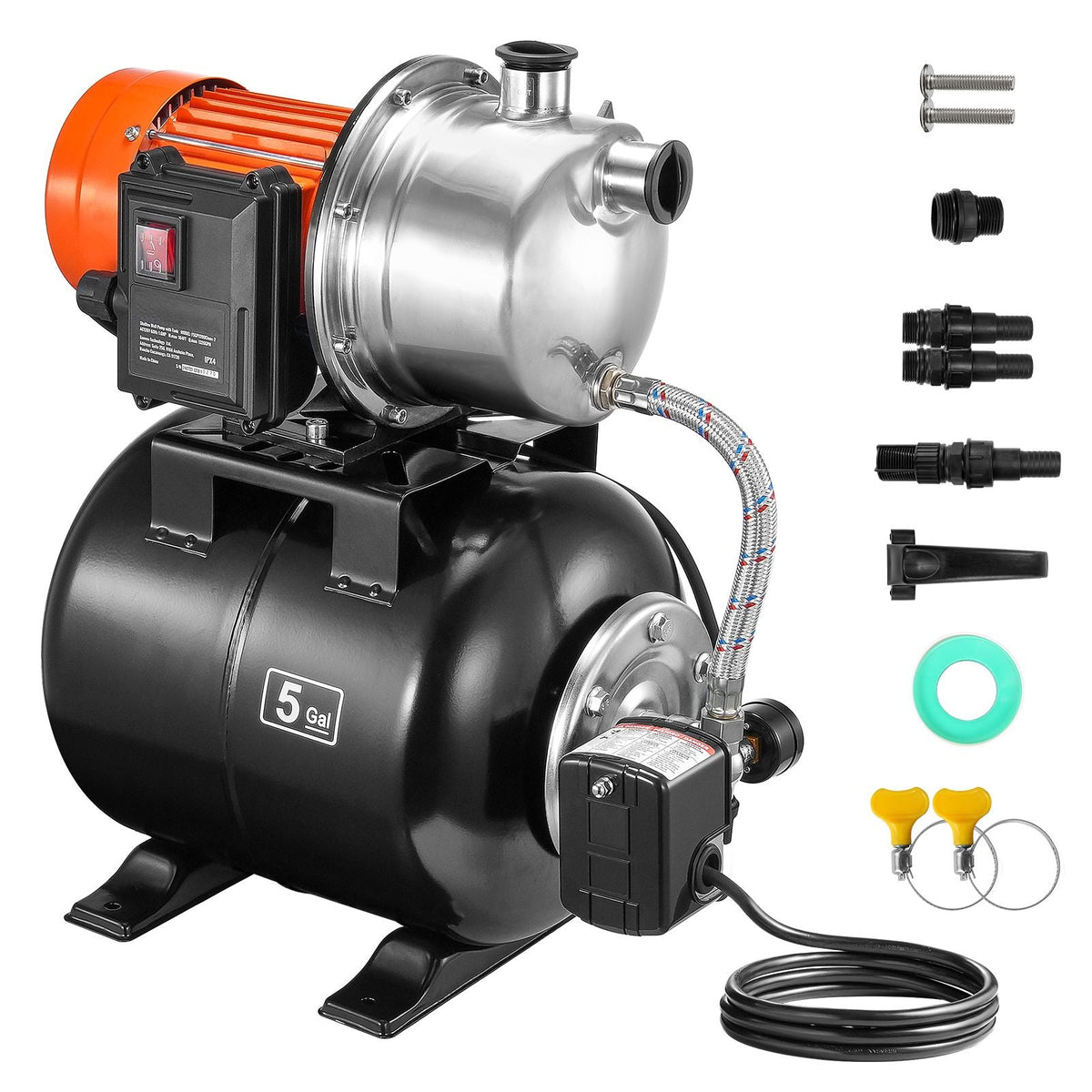 1.6 HP Shallow Well Pump with Pressure Tank, 1320 GPH, Automatic Irrigation Water Booster Pump with 5-Gal Pressure Tank 30/50 PSI Pressure Switch, Stainless Steel Pump Head for Home Garden Lawn