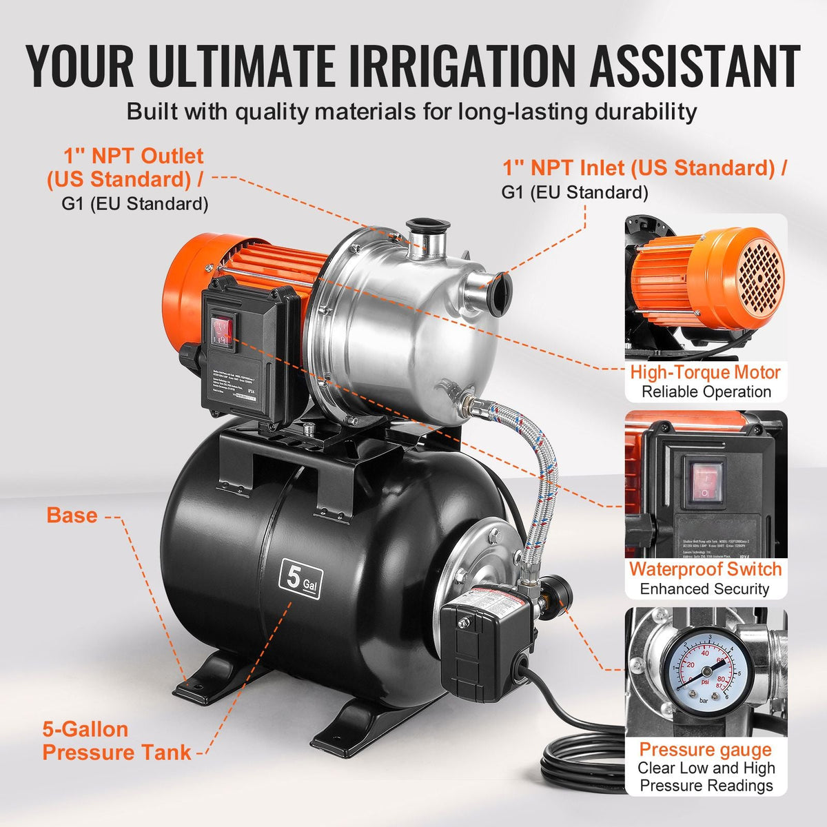 1.6 HP Shallow Well Pump with Pressure Tank, 1320 GPH, Automatic Irrigation Water Booster Pump with 5-Gal Pressure Tank 30/50 PSI Pressure Switch, Stainless Steel Pump Head for Home Garden Lawn