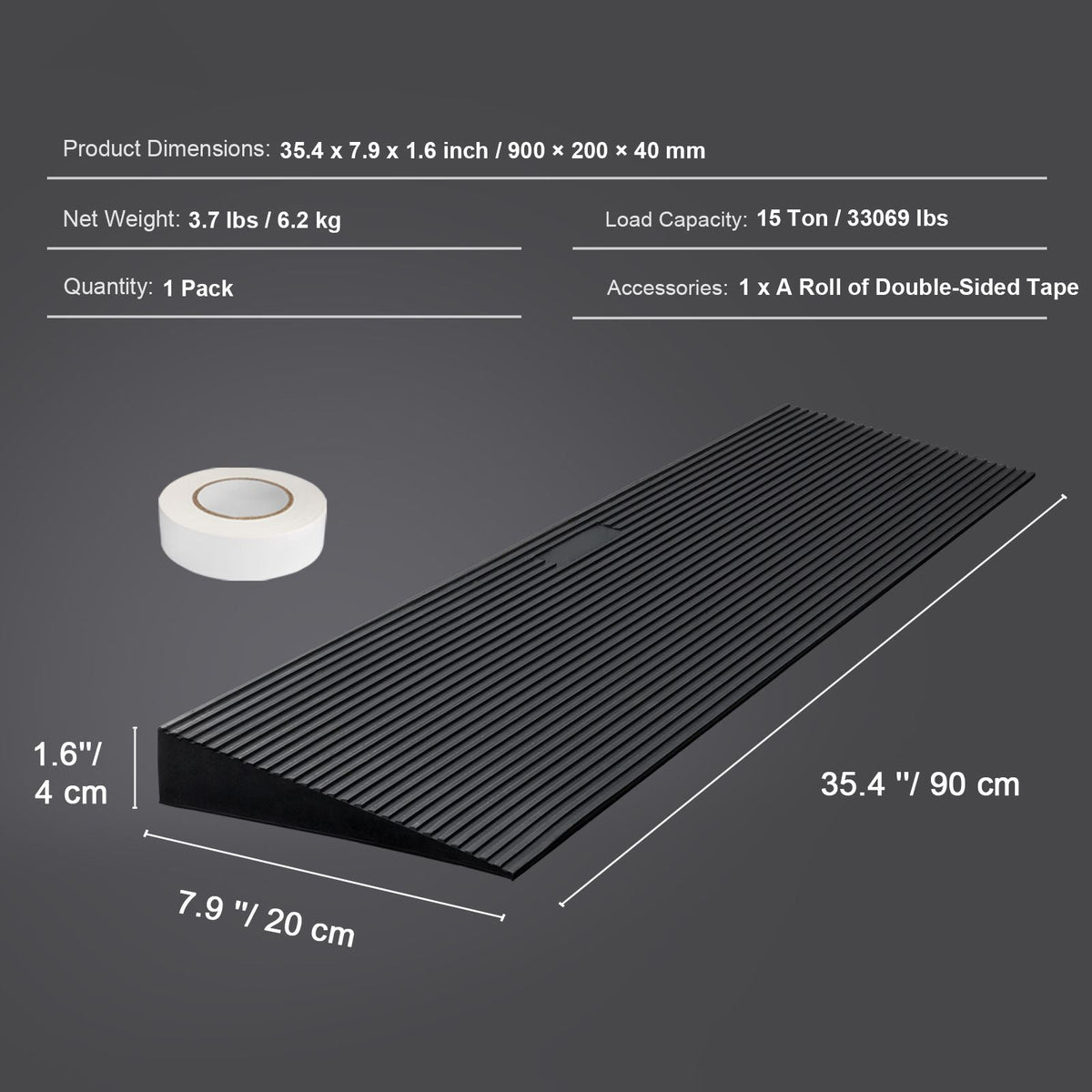 1.6" Rise Cuttable Threshold Ramp for Sweeping Robot, 35.4" Wide Natural Rubber Wheelchair Ramp, Non-Slip Solid Rubber Ramp with Double-Sided Tape for Doorways, Driveways, Bathroom, Smooth Tile