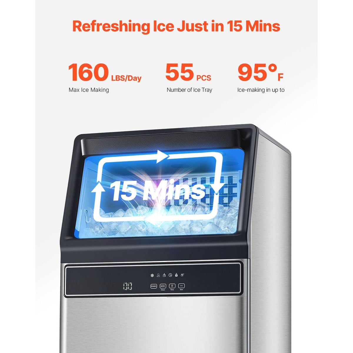 160lbs/24H Commercial Ice Maker, 55 Ice Cubes in 15 Minutes, Freestanding Ice Maker Machine with 33lbs Large Storage Capacity for Bar Office Restaurant, with LED Digital Display & Self-Cleaning