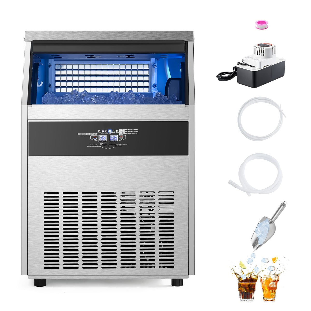 160lbs/24H Commercial Ice Maker Machine, 66lbs Storage Capacity Ice Maker with Drain Pump, 80 Ice Cubes in 15 Minutes, LED Digital Display Freestanding Self-Cleaning for Bar Office Restaurant