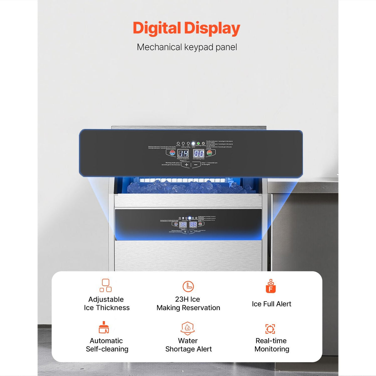 160lbs/24H Commercial Ice Maker Machine, 66lbs Storage Capacity Ice Maker with Drain Pump, 80 Ice Cubes in 15 Minutes, LED Digital Display Freestanding Self-Cleaning for Bar Office Restaurant