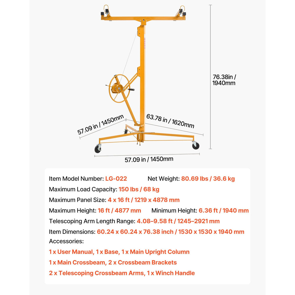 16ft Drywall Lift, Heavy-Duty 150 lbs Sheetrock Hoist with Adjustable Telescoping Arm, Lockable Wheels, Drywall Lifter Panel Jack Hoist Tools Ideal for Ceiling & Wall Installation (Yellow)