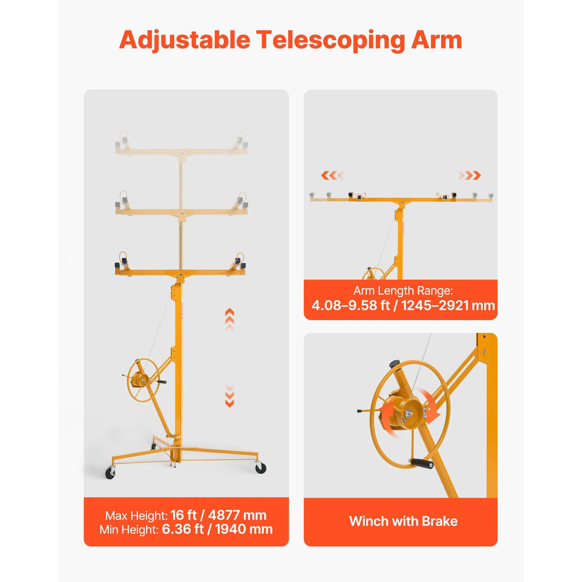 16ft Drywall Lift, Heavy-Duty 150 lbs Sheetrock Hoist with Adjustable Telescoping Arm, Lockable Wheels, Drywall Lifter Panel Jack Hoist Tools Ideal for Ceiling & Wall Installation (Yellow)