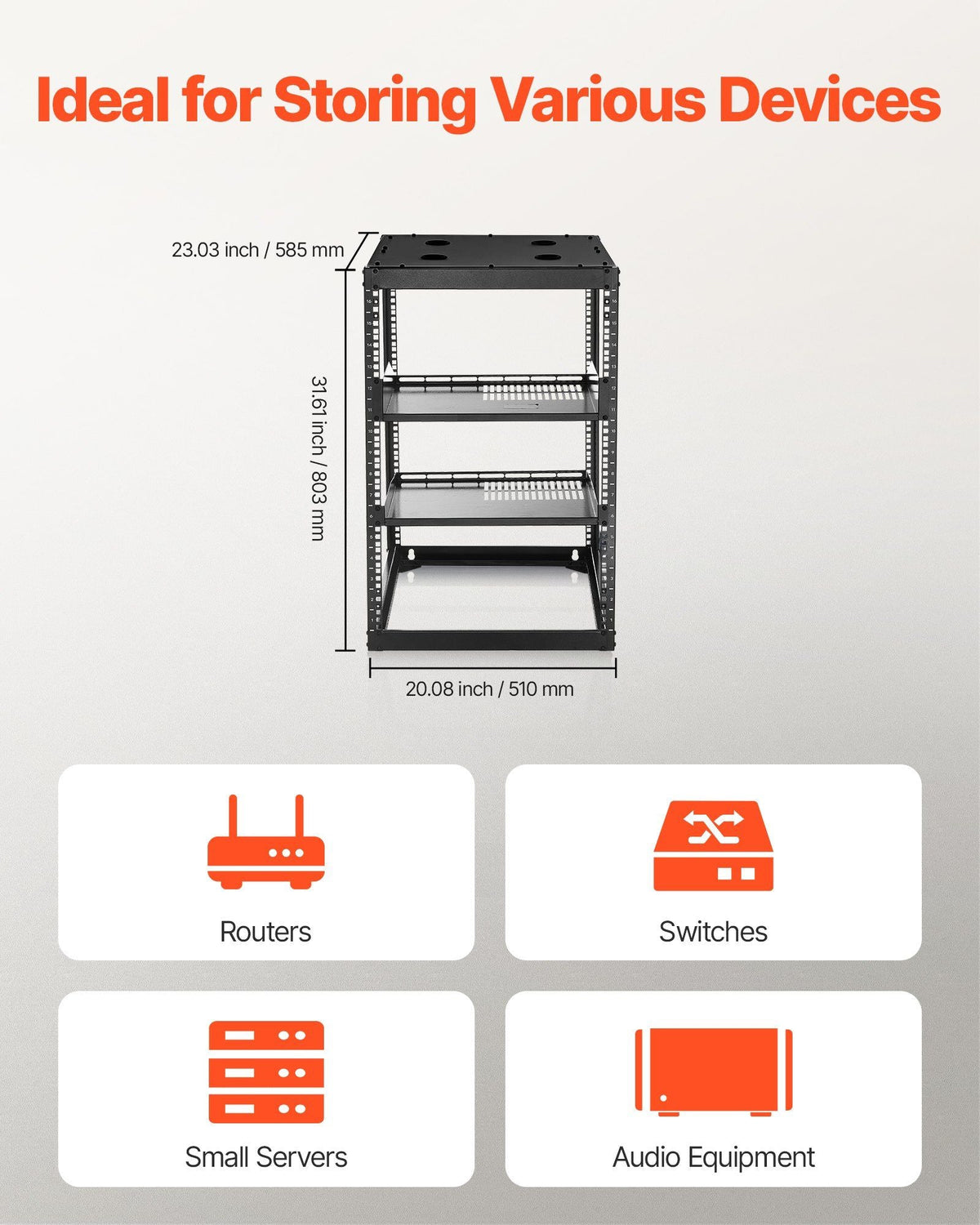16U Open Frame Network Rack, 23 in Depth, Wall Mounted or Floor Standing Server Rack, Heavy Duty 4 Post, with Vented Shelves & Mounting Hardware, Holds All Your Networking IT Equipment AV Gear
