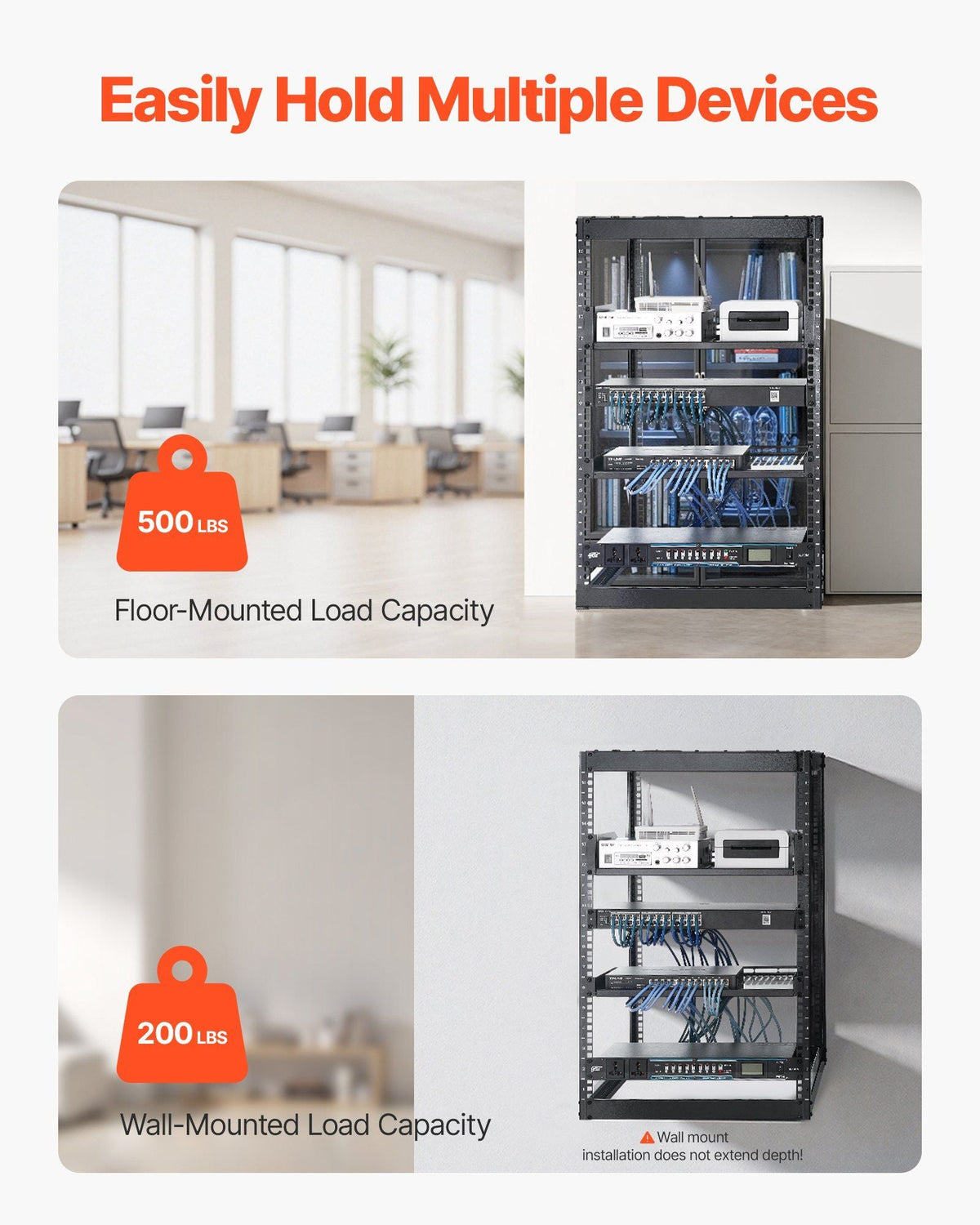 16U Open Frame Network Rack, 23 in Depth, Wall Mounted or Floor Standing Server Rack, Heavy Duty 4 Post, with Vented Shelves & Mounting Hardware, Holds All Your Networking IT Equipment AV Gear