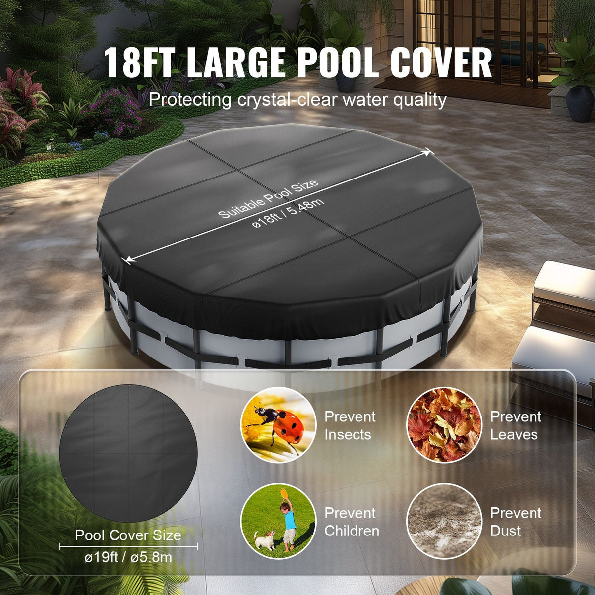 18 Ft Round Pool Cover, Solar Covers for Above Ground Pools, Safety Pool Cover with Drawstring Design, 420D Oxford Fabric Winter Pool Cover, Waterproof and Dustproof, Black