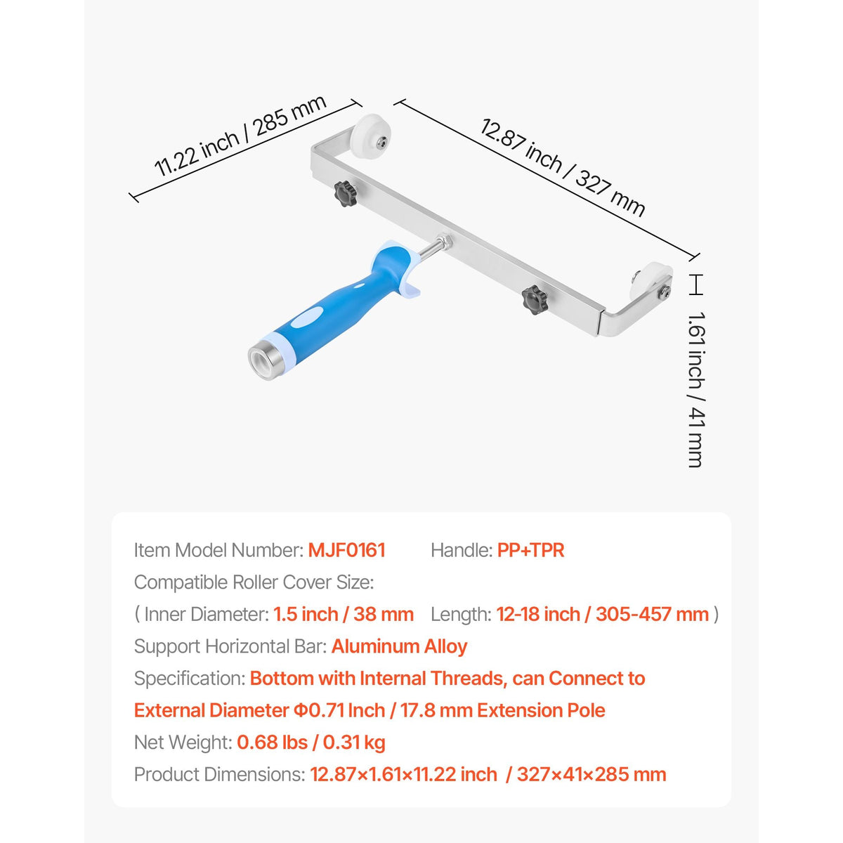 18 Inch Paint Roller Frame, 12-18 in Adjustable Frame with Marked Scale, Lightweight Painting Supplies for Wall House Homes, Metal Roller Tool for Large-Scale Painting Projects, Blue & Silver