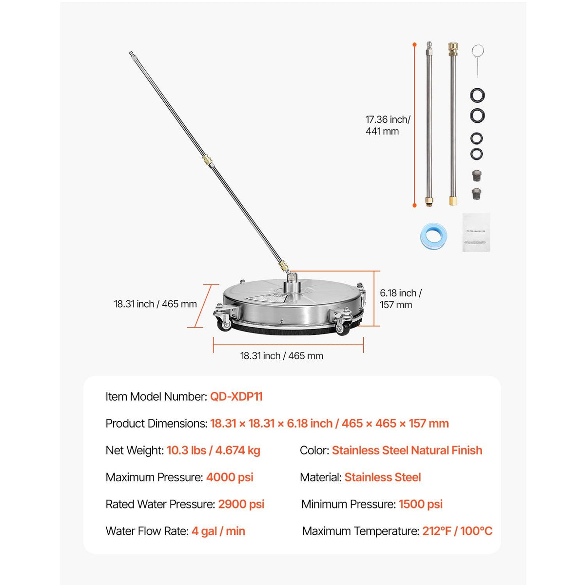 18" Pressure Washer Surface Cleaner, Stainless Steel Pressure Washer Attachments with 4 Wheels, 4000 Max PSI, 1/4 Quick Connector, 2 Spray Nozzles, 2 Extended Wands for Concrete, Patio, Deck