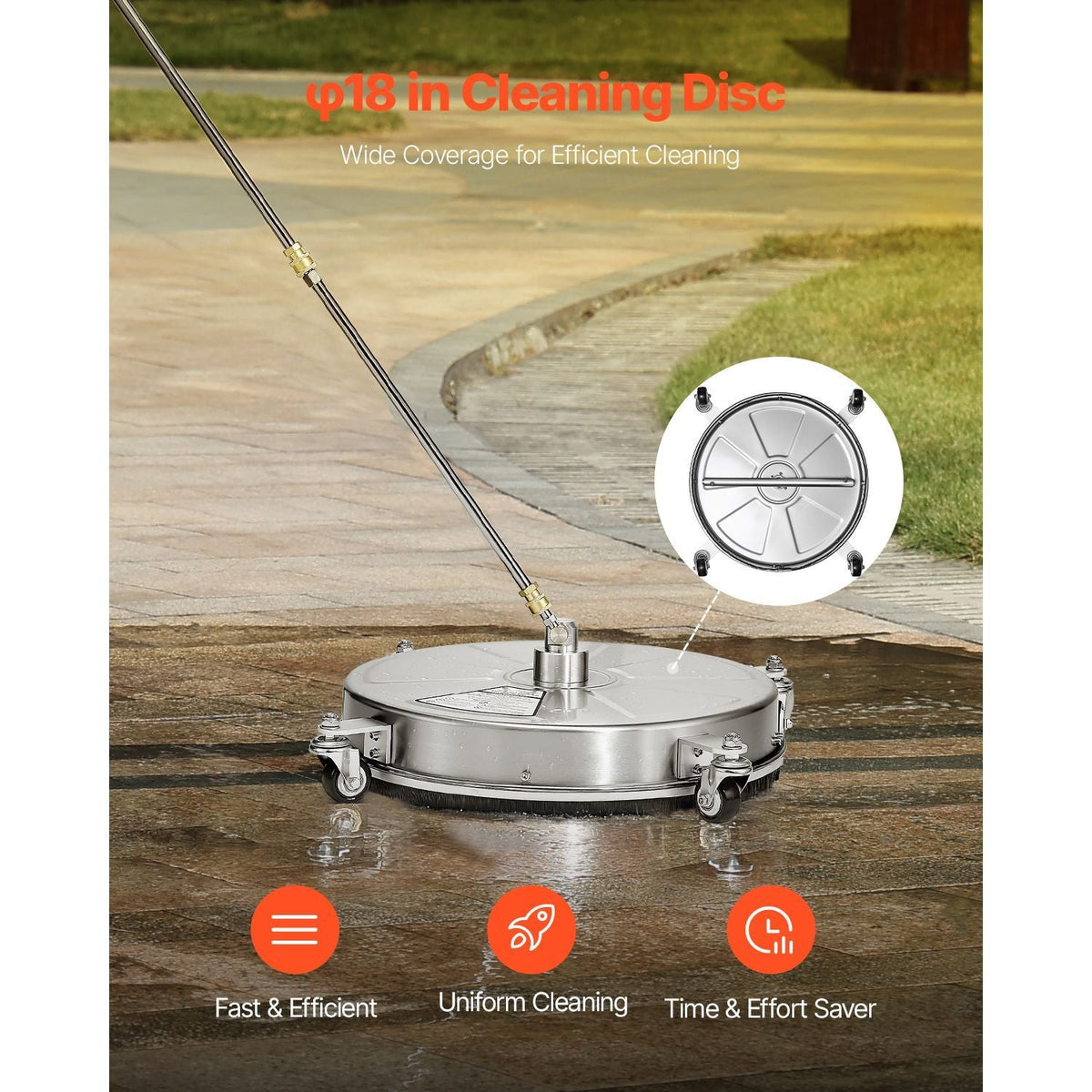 18" Pressure Washer Surface Cleaner, Stainless Steel Pressure Washer Attachments with 4 Wheels, 4000 Max PSI, 1/4 Quick Connector, 2 Spray Nozzles, 2 Extended Wands for Concrete, Patio, Deck