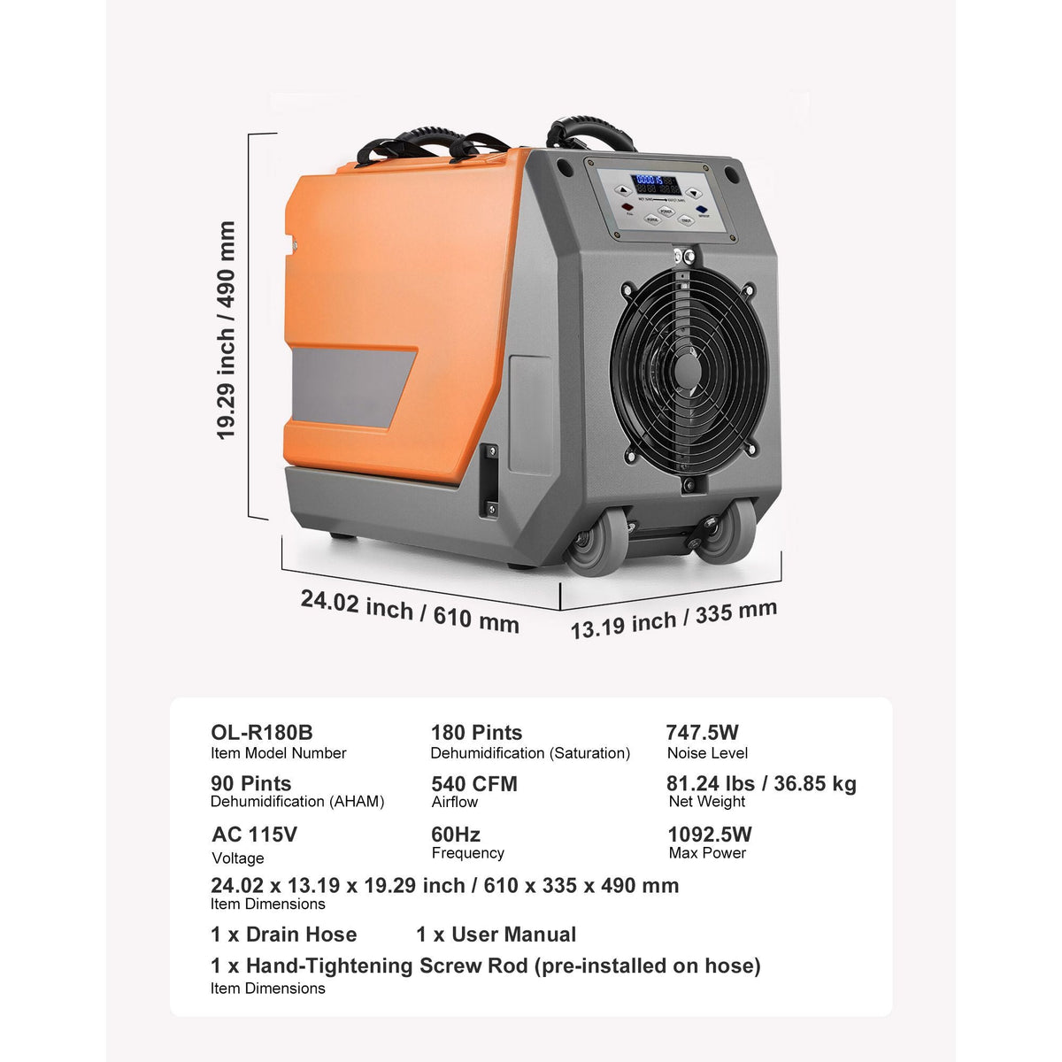 180 Pints Commercial Dehumidifier with Pump/Drain Hoses, Portable Crawl Space Dehumidifiers for Basement Storage Room Industrial Grade, Auto Defrost, Heavy-duty LLDPE,Foldable Handle