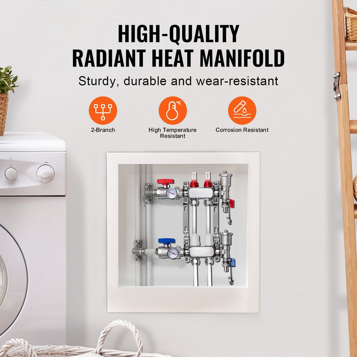 2-Branch Radiant Heat Manifold, 1/2" PEX Tubing Manifold, Stainless Steel PEX Manifold for Hydronic Radiant Floor Heating, Radiant Heat PEX Manifold Kit with 1/2" Adapters Included