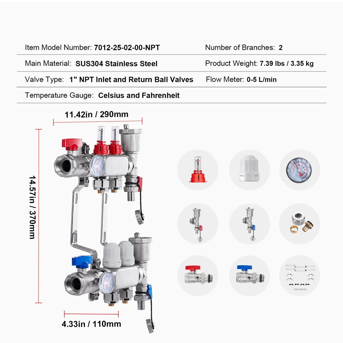 2-Branch Radiant Heat Manifold, 1/2" PEX Tubing Manifold, Stainless Steel PEX Manifold for Hydronic Radiant Floor Heating, Radiant Heat PEX Manifold Kit with 1/2" Adapters Included