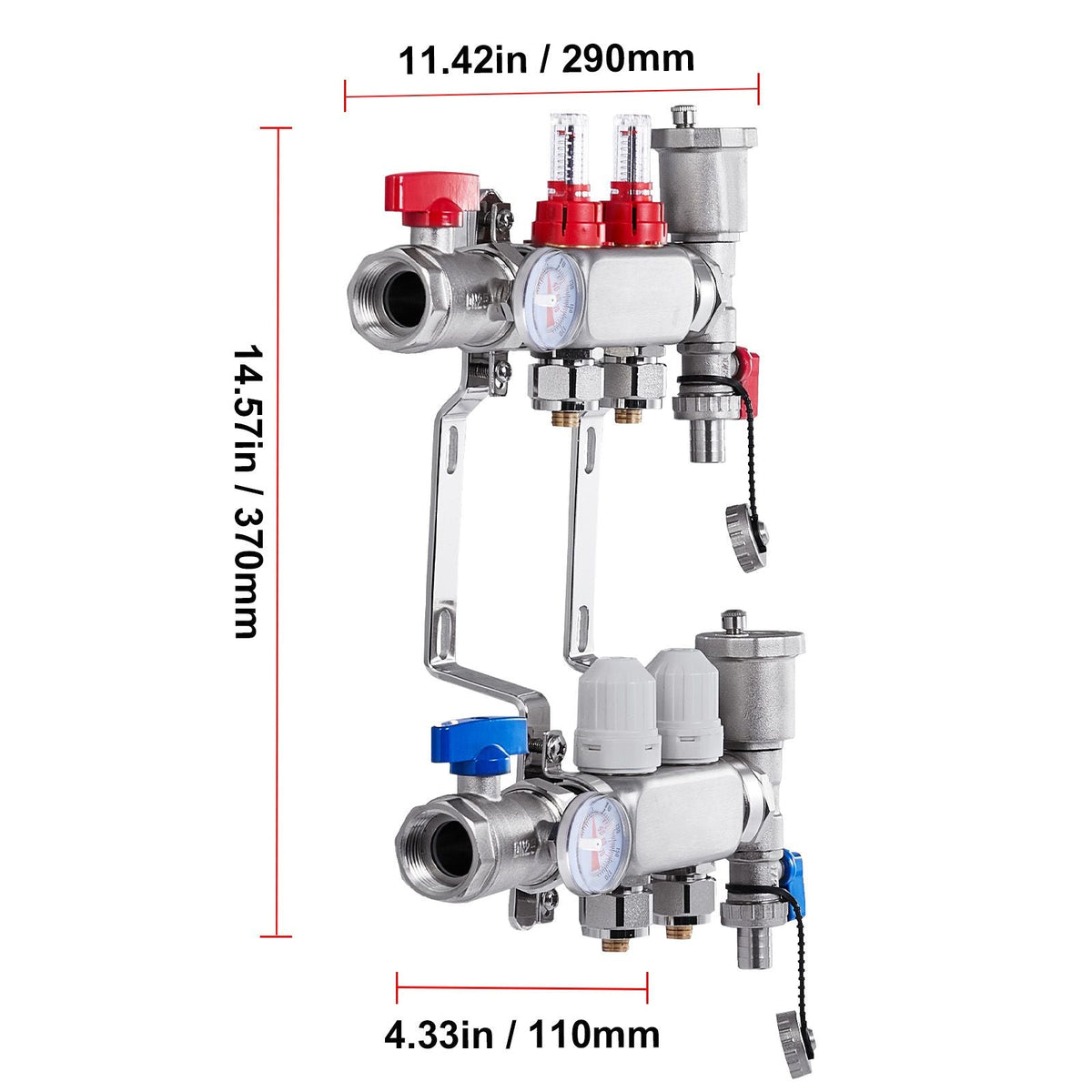 2-Branch Radiant Heat Manifold, 1/2" PEX Tubing Manifold, Stainless Steel PEX Manifold for Hydronic Radiant Floor Heating, Radiant Heat PEX Manifold Kit with 1/2" Adapters Included