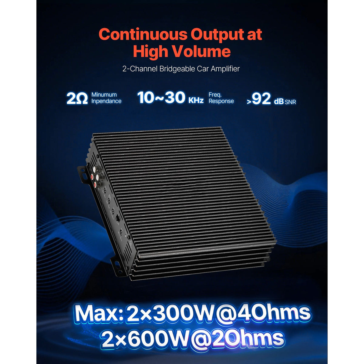 2 Channel Car Audio Amplifier 2 Ohm Stable Bridgeable Class A/B Full Range Stereo Amp Max Power 2 x 300W @ 4 Ohm / 2 x 600W @ 2 Ohm for Car SUV Truck Off-Road