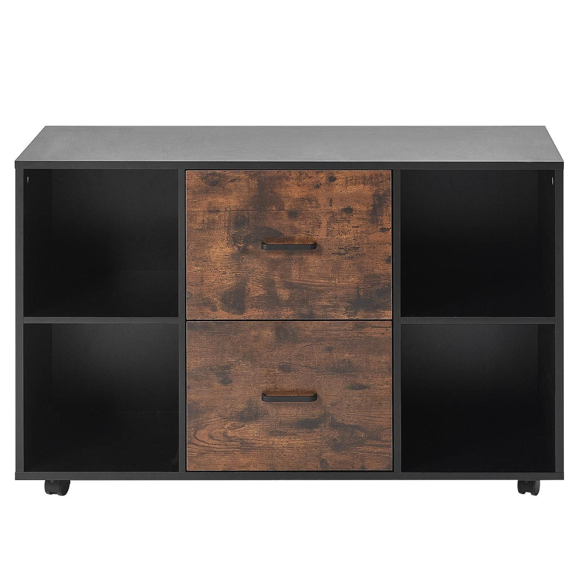 2 Drawer Wooden File Cabinet, Mobile Filing Cabinet with Open Shelves, Lateral Rolling File Storage with Lockable Wheels, Modern Free Standing Printer Stand for Home, Office, School, Black