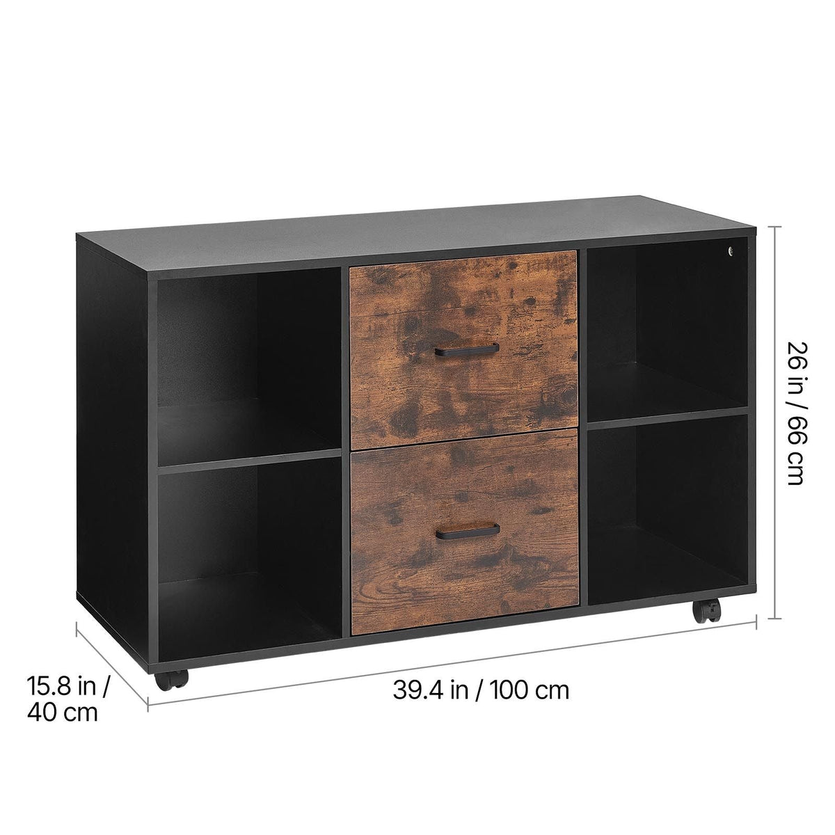 2 Drawer Wooden File Cabinet, Mobile Filing Cabinet with Open Shelves, Lateral Rolling File Storage with Lockable Wheels, Modern Free Standing Printer Stand for Home, Office, School, Black