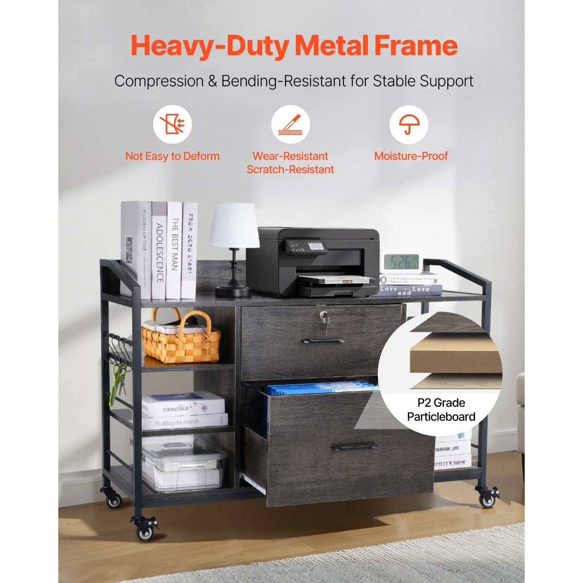 2 Drawers Metal File Cabinet, Lateral Filing Cabinet with Lock and 6 Open Shelves, Wooden Wide Filing Storage Cabinets with Power Strip for Letter, A4, Legal Size File, Easy Assembly, Gray