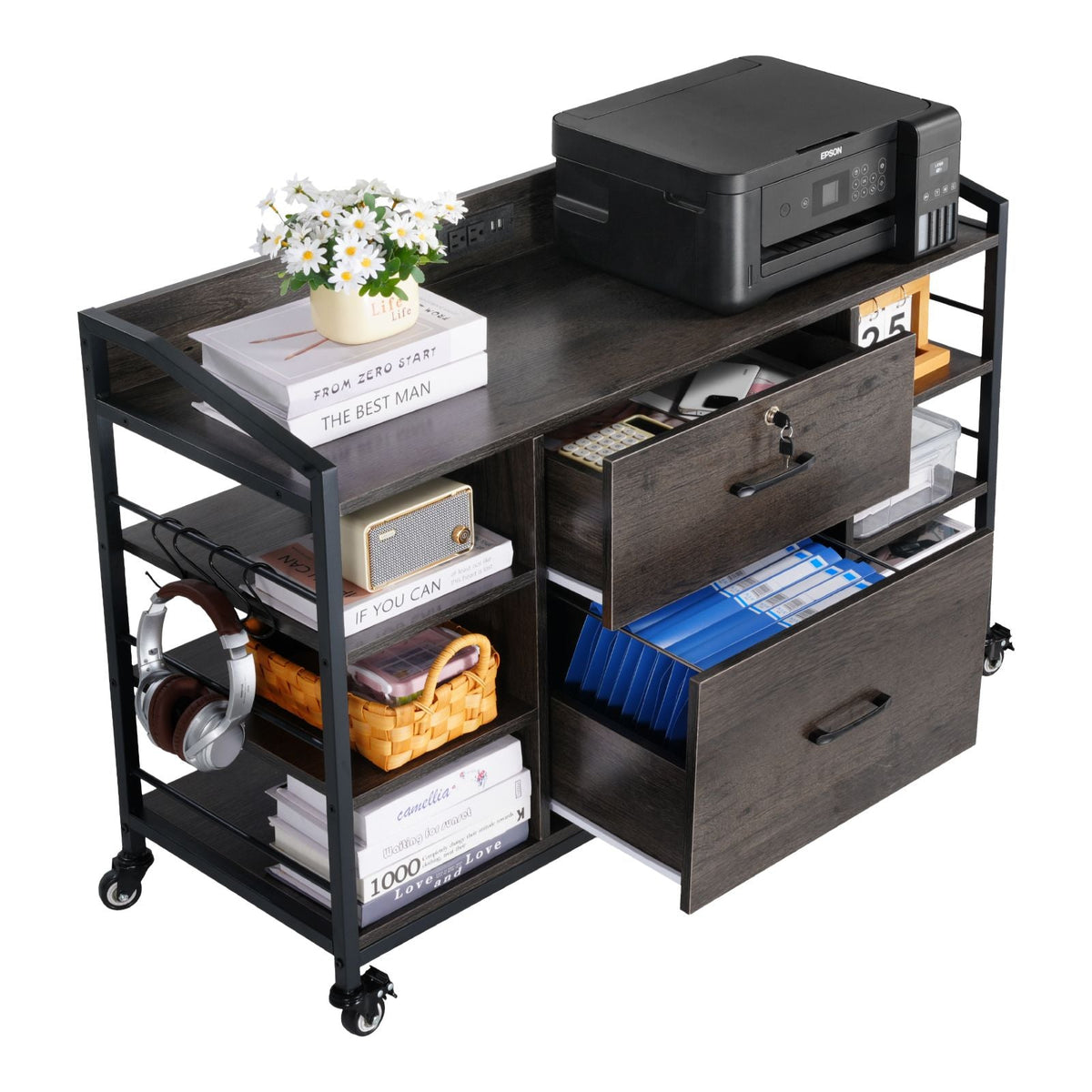 2 Drawers Metal File Cabinet, Lateral Filing Cabinet with Lock and 6 Open Shelves, Wooden Wide Filing Storage Cabinets with Power Strip for Letter, A4, Legal Size File, Easy Assembly, Gray