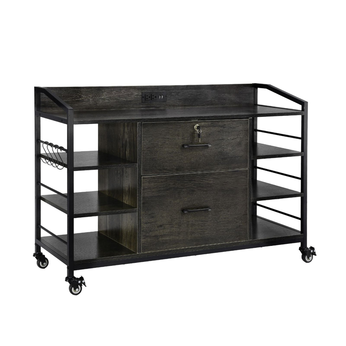 2 Drawers Metal File Cabinet, Lateral Filing Cabinet with Lock and 6 Open Shelves, Wooden Wide Filing Storage Cabinets with Power Strip for Letter, A4, Legal Size File, Easy Assembly, Gray