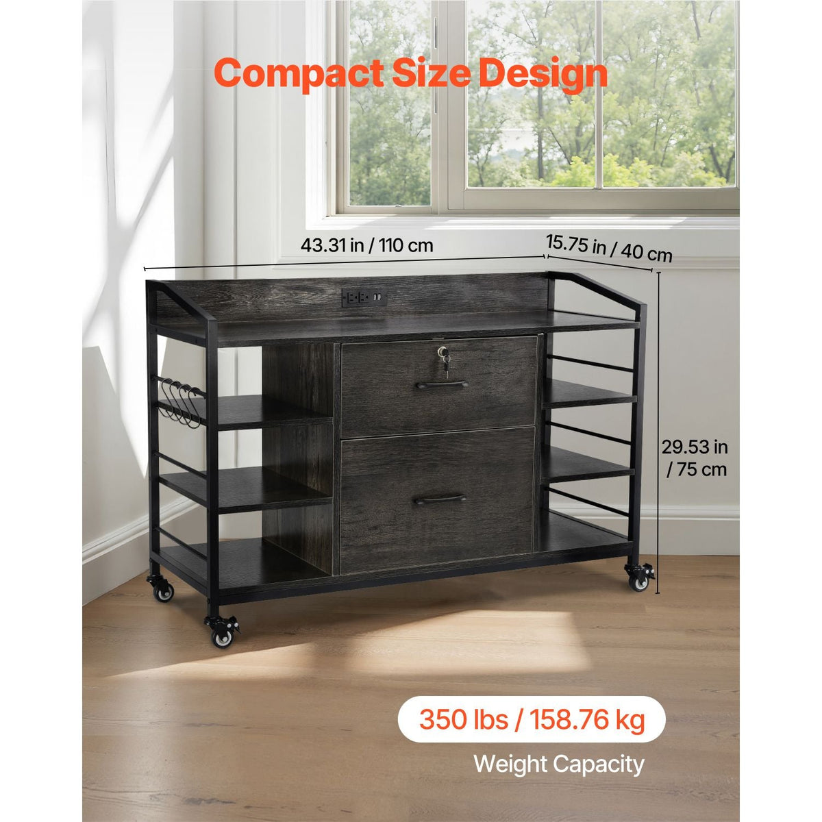 2 Drawers Metal File Cabinet, Lateral Filing Cabinet with Lock and 6 Open Shelves, Wooden Wide Filing Storage Cabinets with Power Strip for Letter, A4, Legal Size File, Easy Assembly, Gray