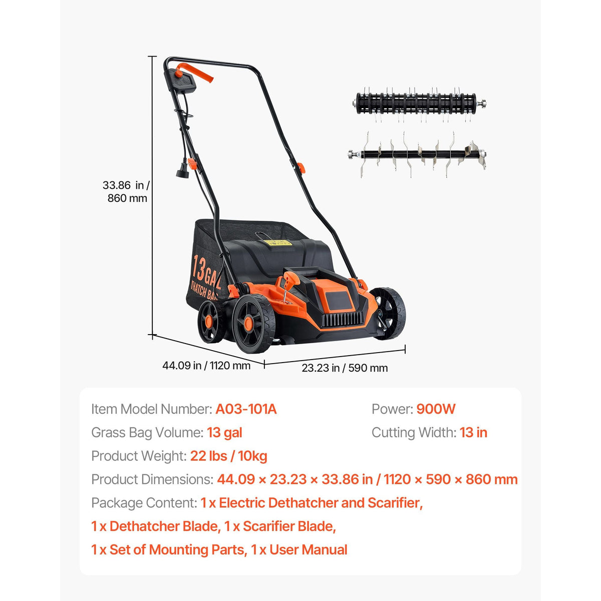 2-in-1 Electric Dethatcher and Scarifier, 13-Inch 13 Amp, Corded Lawn Dethatcher with 13-Gallon Thatch Collection Bag, 5-Position Depth Adjustment, Walk Behind Machine for Garden Yard Grass