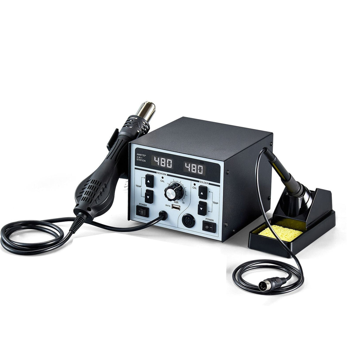 2-in-1 Hot Air Rework Station & Soldering Station, 820W LED Digital Rework and Soldering Iron Station with 5V USB Charging Port, Adjustable Temps & Airflow, 3 Hot Air Nozzles