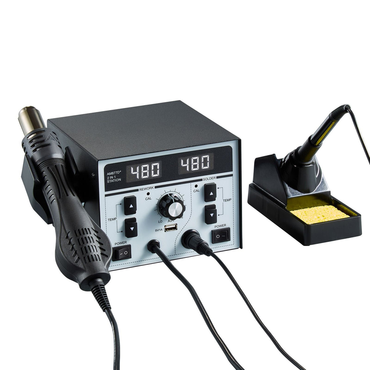 2-in-1 Hot Air Rework Station & Soldering Station, 820W LED Digital Rework and Soldering Iron Station with 5V USB Charging Port, Adjustable Temps & Airflow, 3 Hot Air Nozzles