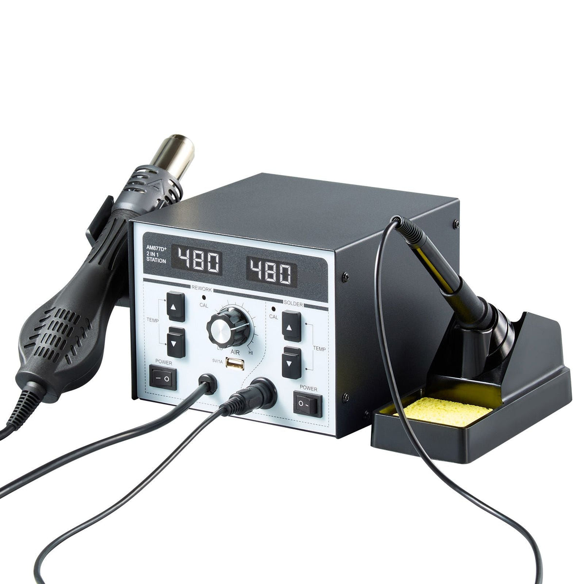 2-in-1 Hot Air Rework Station & Soldering Station, 820W LED Digital Rework and Soldering Iron Station with 5V USB Charging Port, Adjustable Temps & Airflow, 3 Hot Air Nozzles