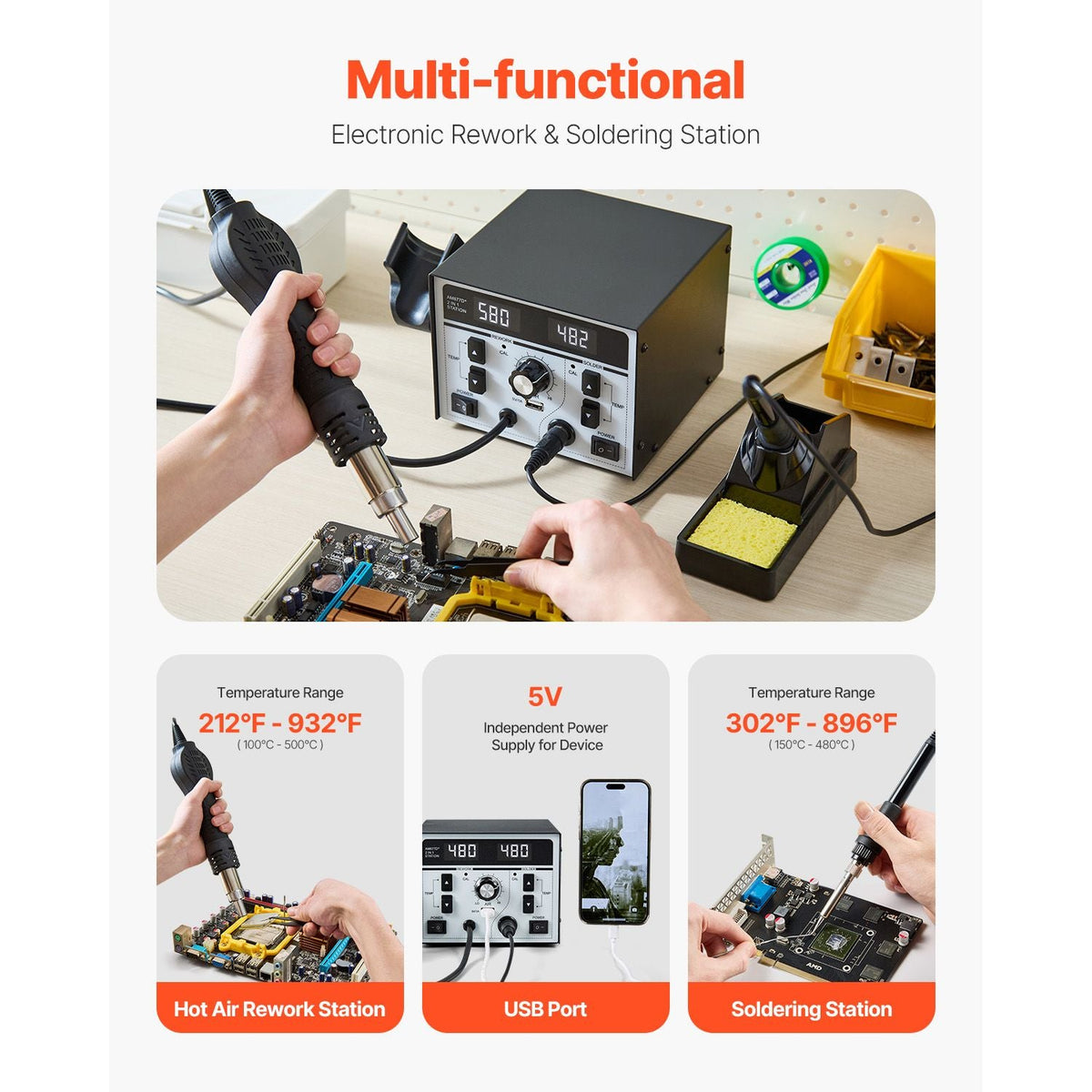 2-in-1 Hot Air Rework Station & Soldering Station, 820W LED Digital Rework and Soldering Iron Station with 5V USB Charging Port, Adjustable Temps & Airflow, 3 Hot Air Nozzles