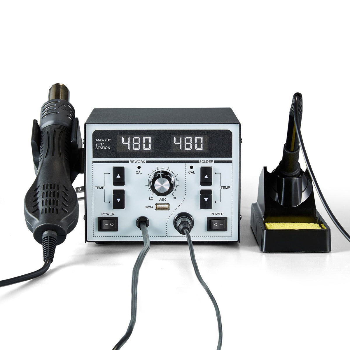 2-in-1 Hot Air Rework Station & Soldering Station, 820W LED Digital Rework and Soldering Iron Station with 5V USB Charging Port, Adjustable Temps & Airflow, 3 Hot Air Nozzles