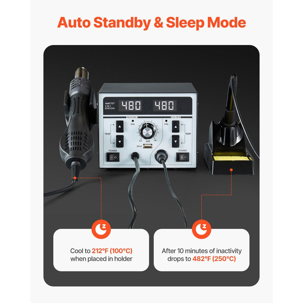 2-in-1 Hot Air Rework Station & Soldering Station, 820W LED Digital Rework and Soldering Iron Station with 5V USB Charging Port, Adjustable Temps & Airflow, 3 Hot Air Nozzles