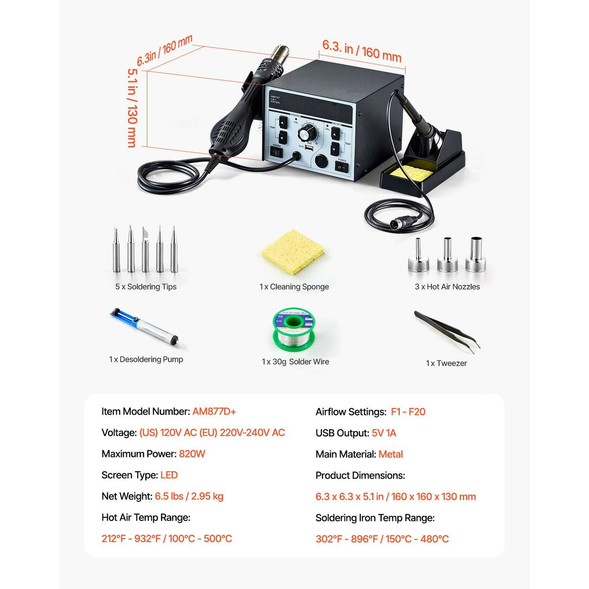 2-in-1 Hot Air Rework Station & Soldering Station, 820W LED Digital Rework and Soldering Iron Station with 5V USB Charging Port, Adjustable Temps & Airflow, 3 Hot Air Nozzles